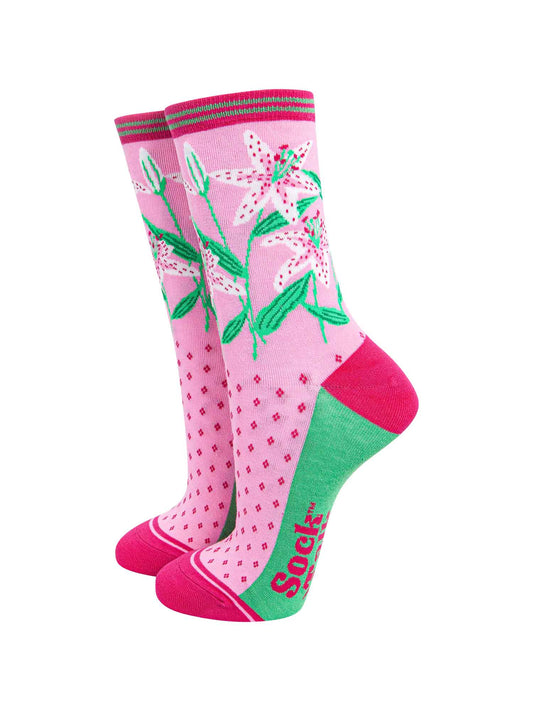 Lily Flowers Bamboo Socks in Pink