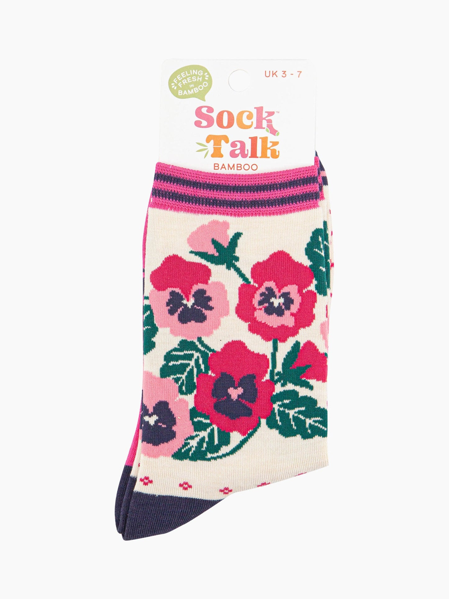 women's cream and pink pansy floral ankle socks in their sock talk packaging, the socks are a uk size 3-7