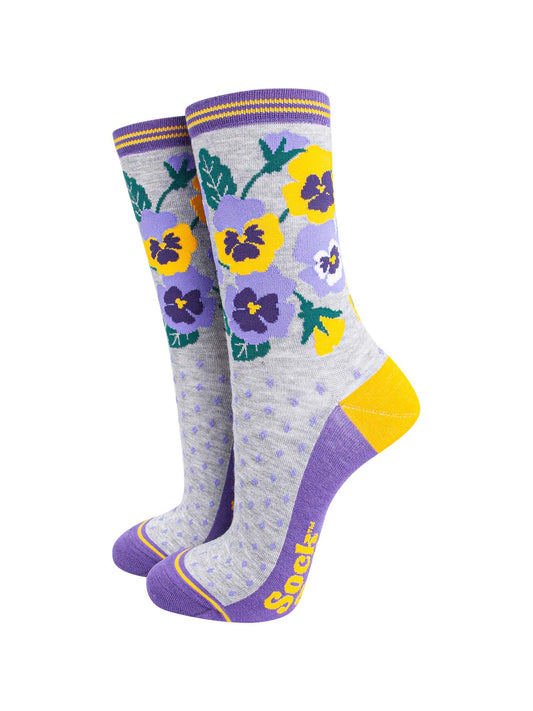 grey purple and yellow pansy floral print bamboo socks