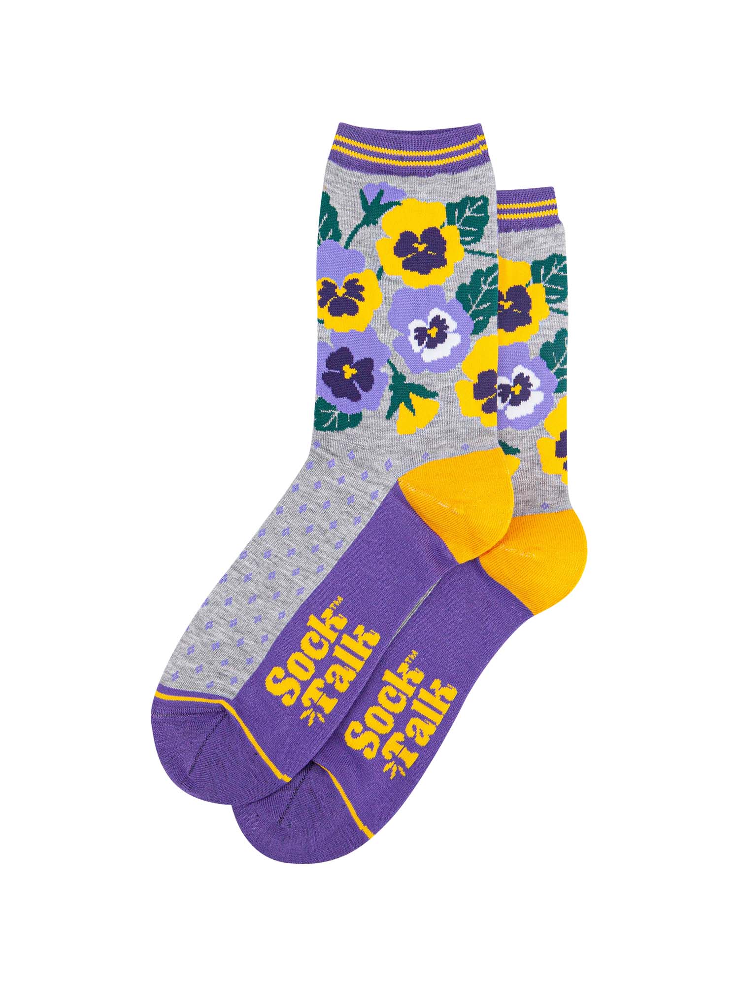 womens pansy floral bamboo socks in purple and yellow