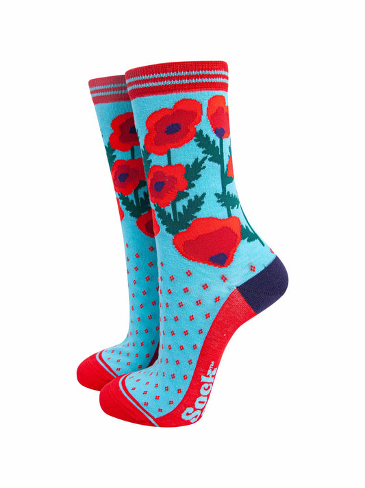 blue and red ankle socks with red poppy flowers on the ankle