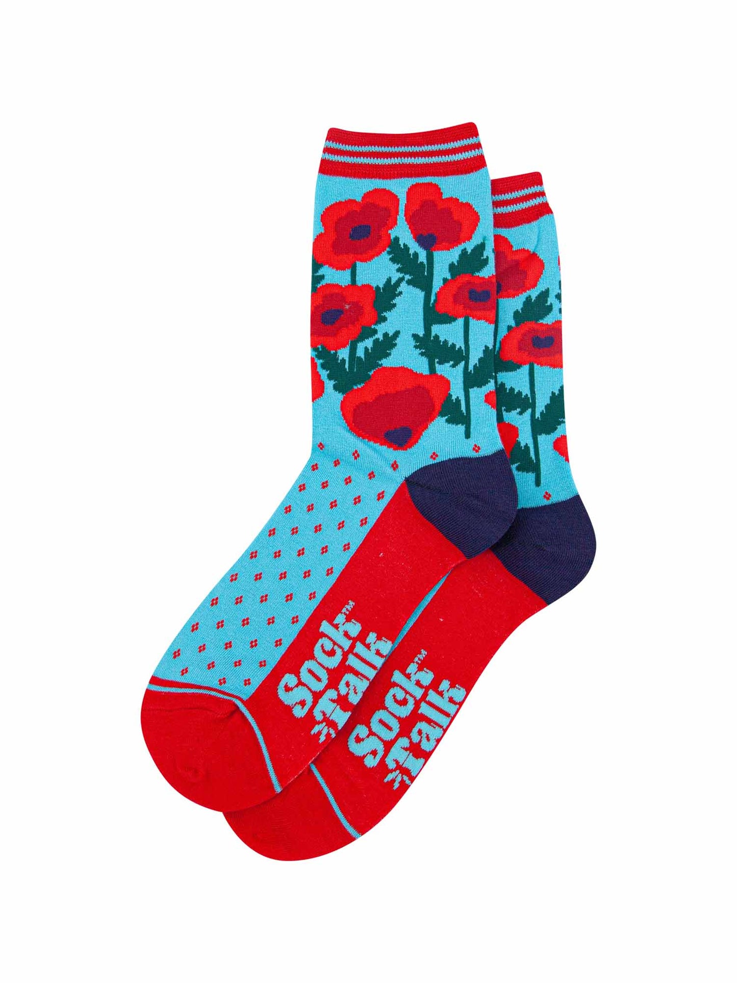 red and blue ankle socks with poppy flowers and a striped cuff