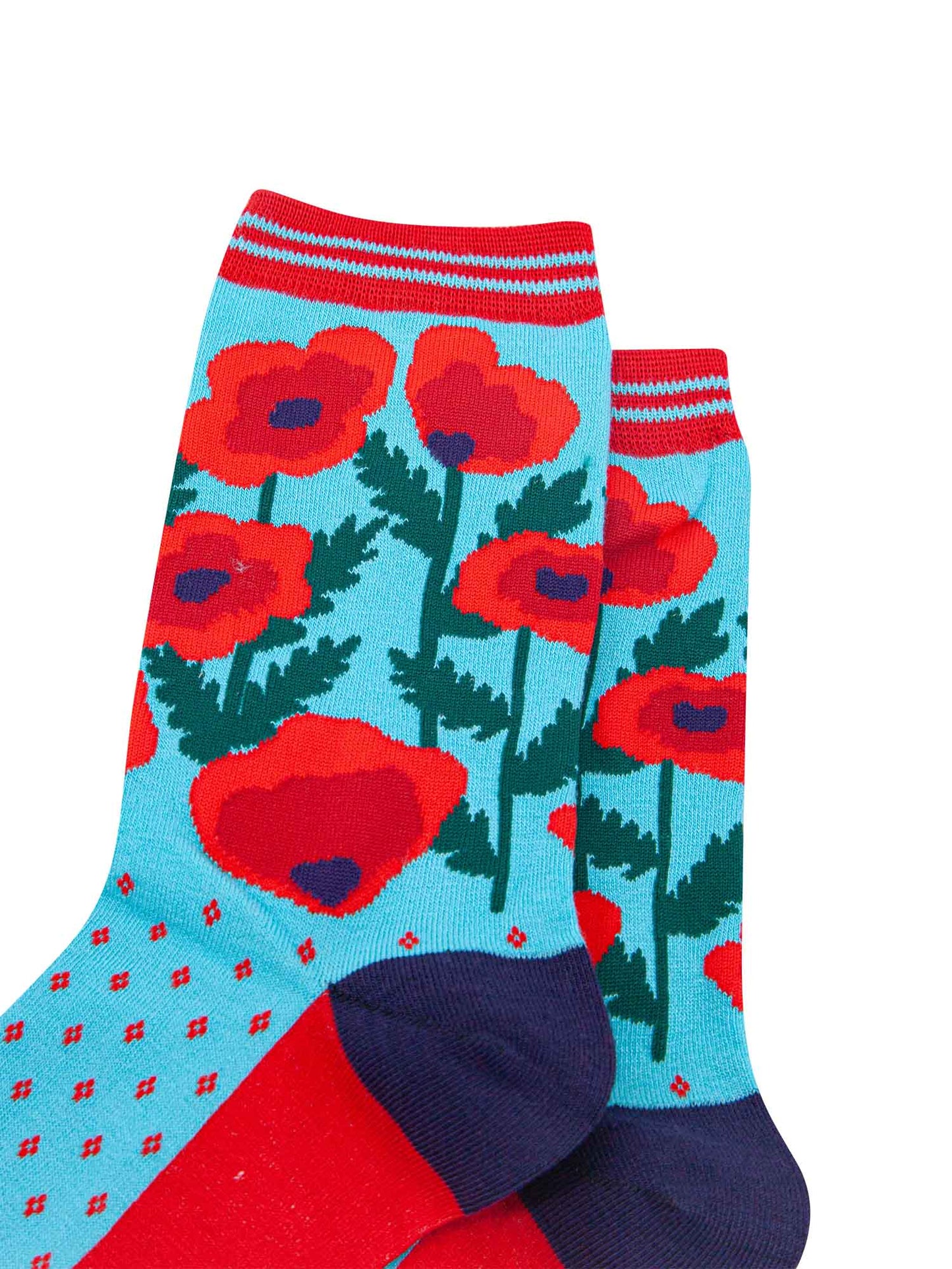 close up of the red poppies on the bamboo ankle socks