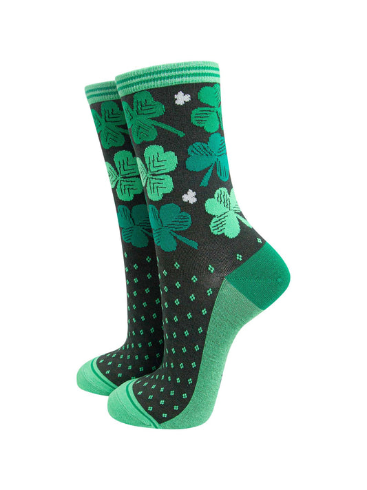 green and black ankle socks with irish shamrocks and four leaf clovers
