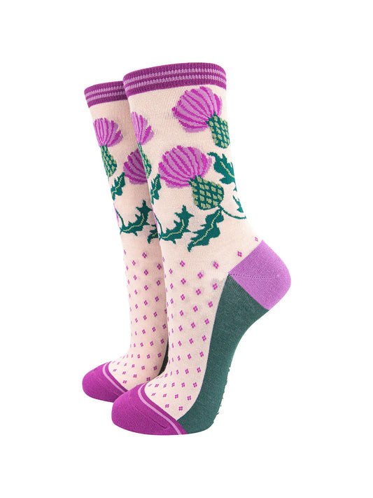 womens bamboo ankle socks featuring a scottish thistle flowal pattern on the ankle