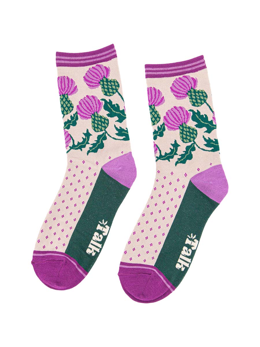womens bamboo thistle ankle socks, scottish national flower design