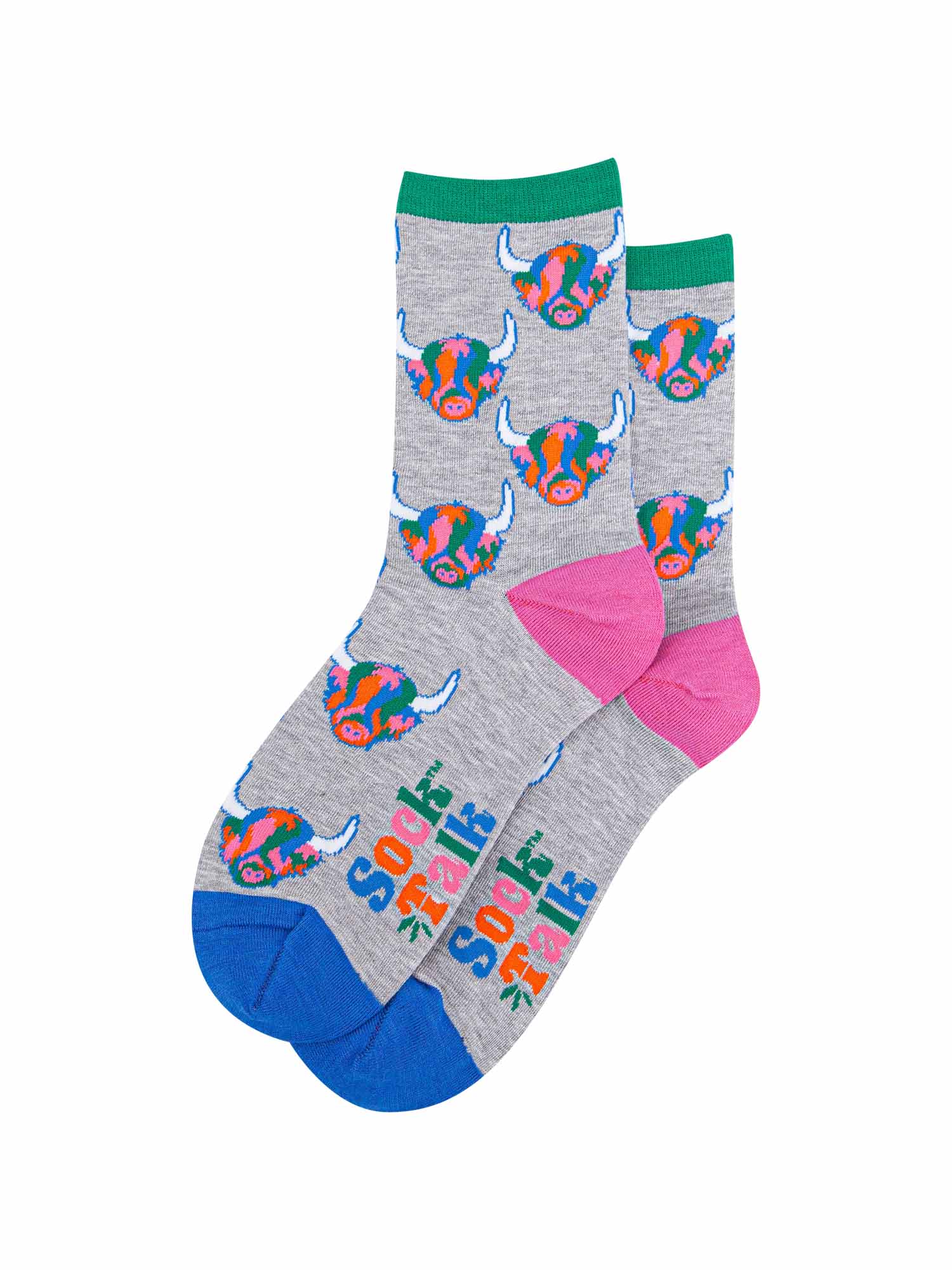 mens grey dress socks with an all over pattern of multicoloured highland cow faces