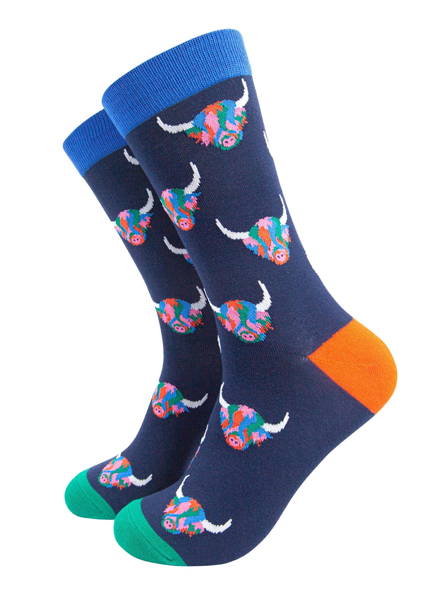 navy blue dress socks with an all over pattern of multicoloured highland cows