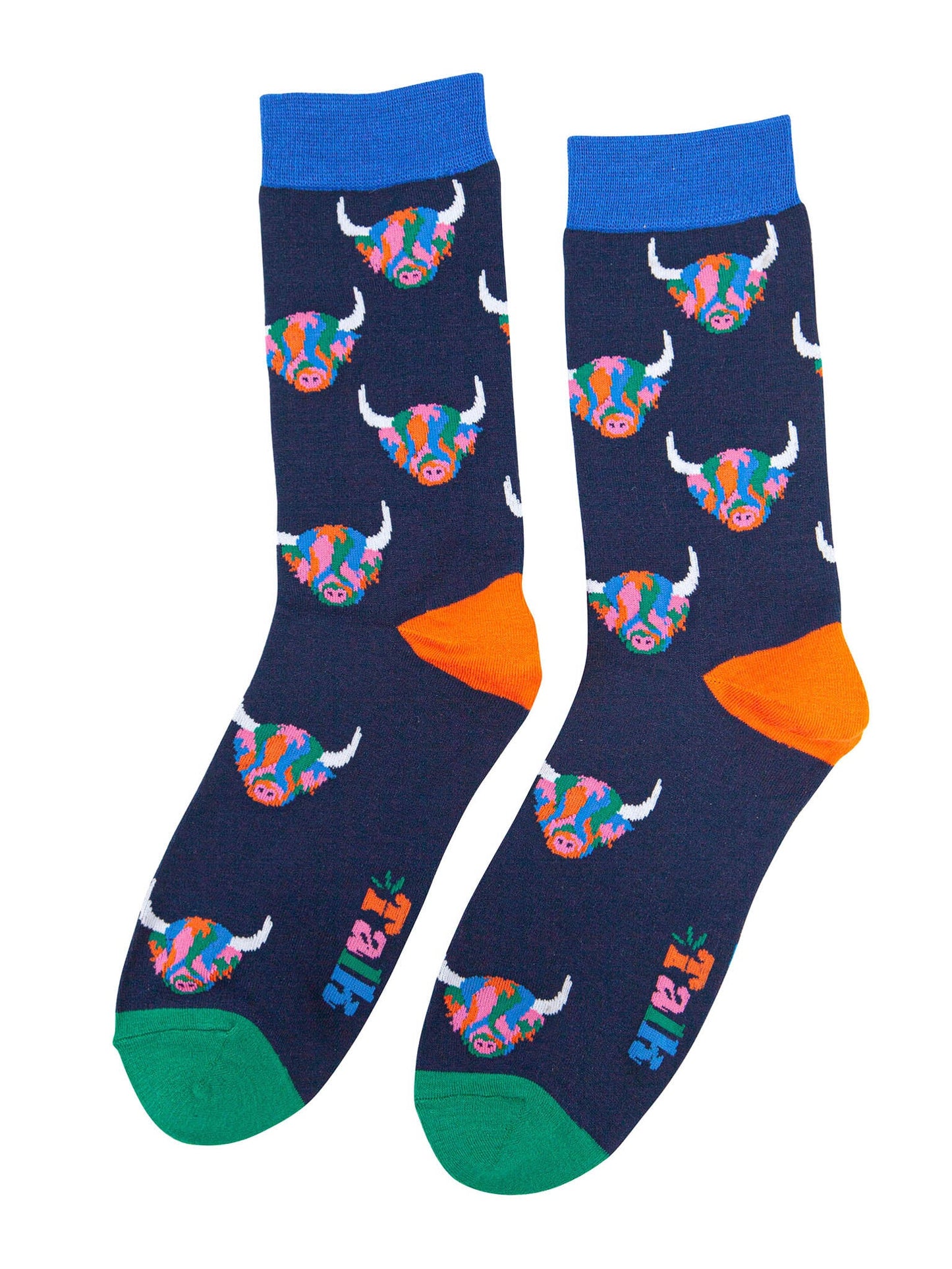 navy blue socks with light blue cuff, orange heel and green toe with an all over rainbow highland cow pattern