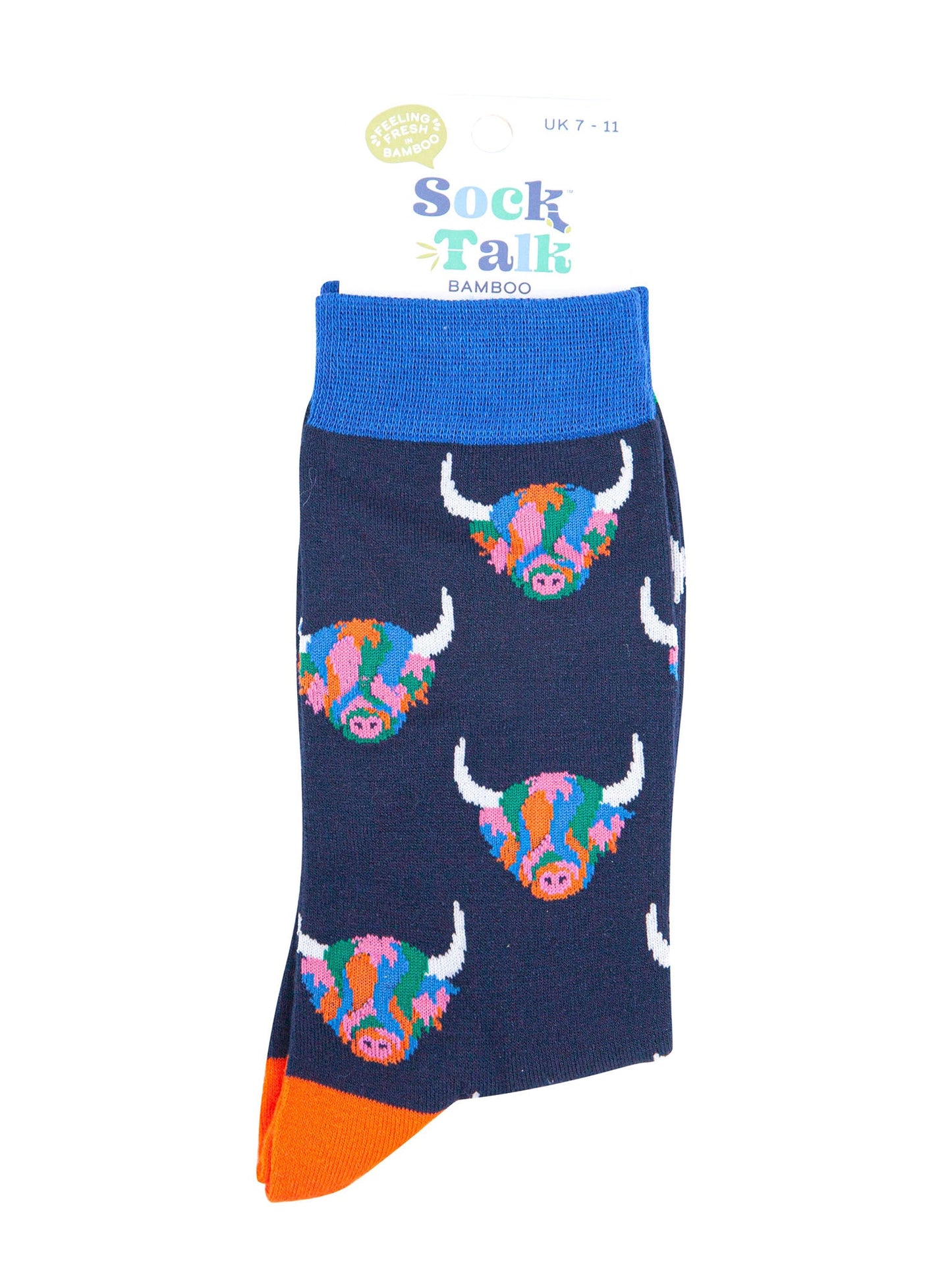 mens navy blue rainbow highland cow dress socks uk size 7-11