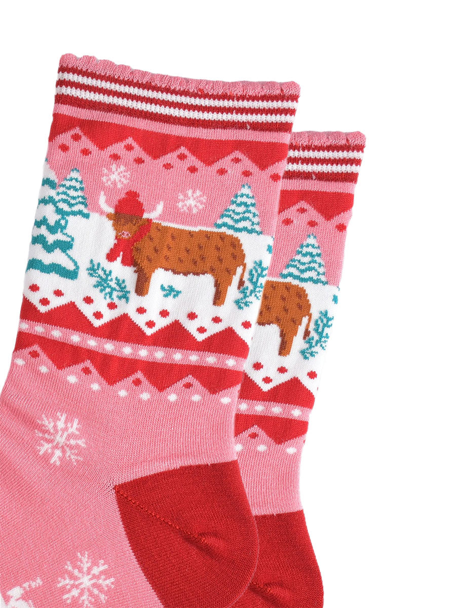 Christmas Highland Cow Bamboo Socks in Pink/Red