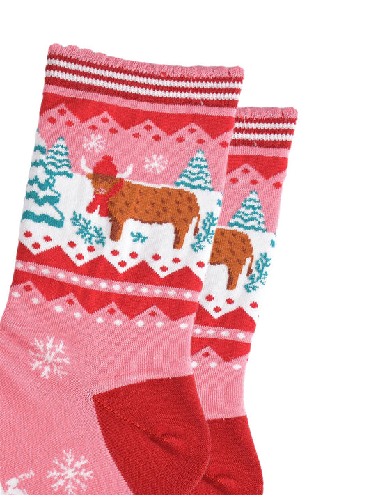 Christmas Highland Cow Bamboo Socks in Pink/Red