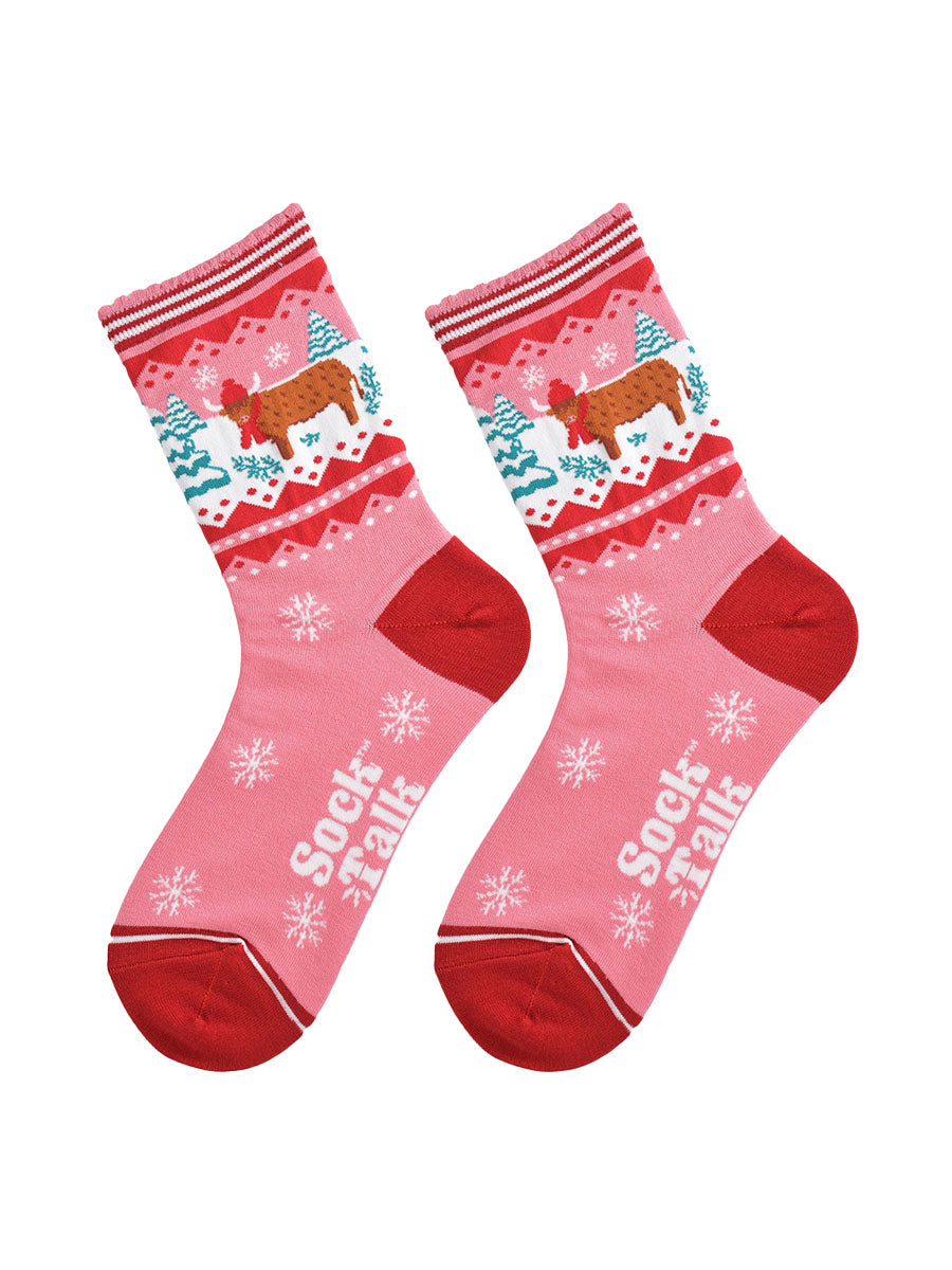 Christmas Highland Cow Bamboo Socks in Pink/Red