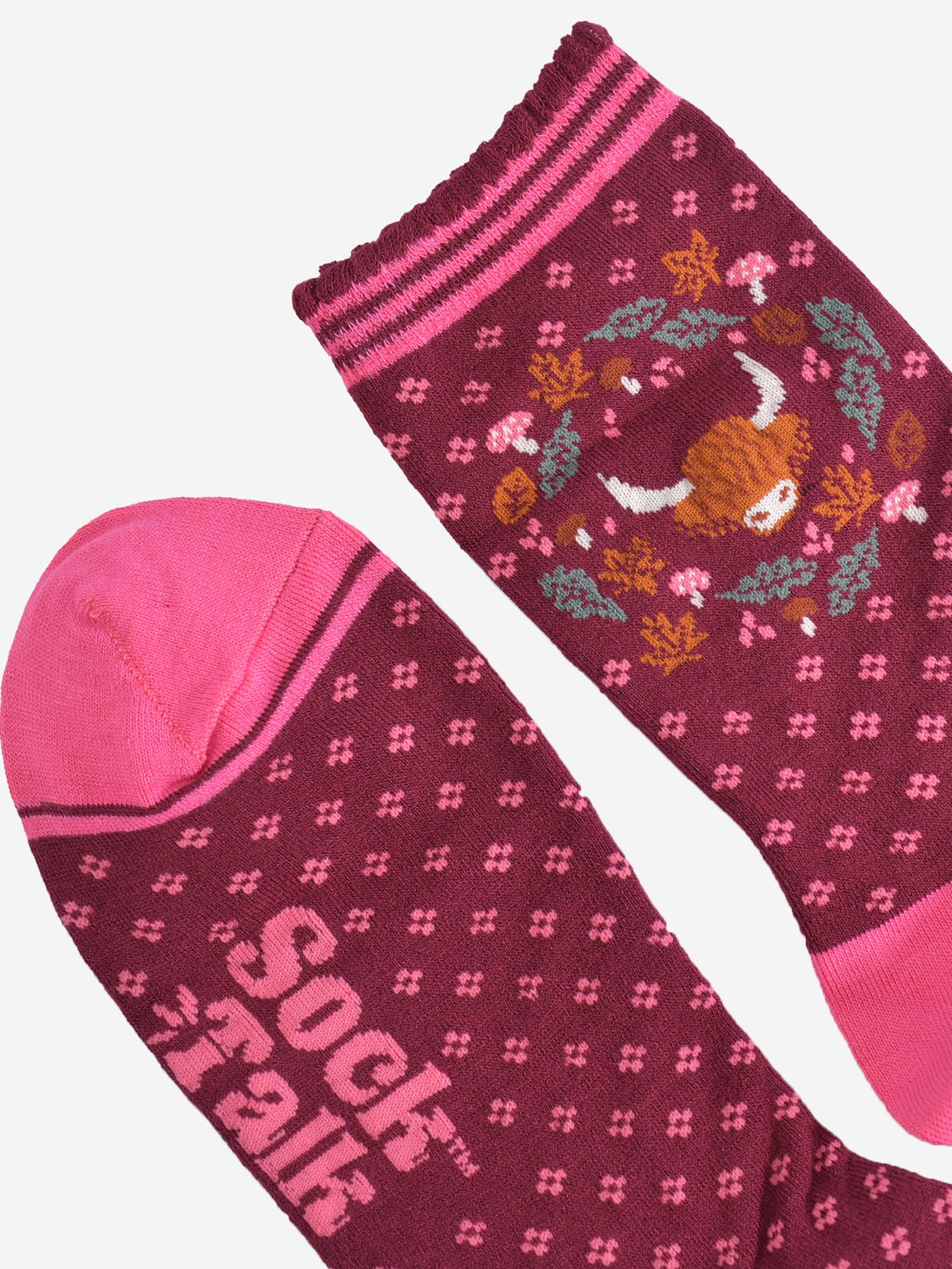 close up of the toe and cuff on the bamboo socks, the toe is pink with a burgundy stripe outline, the cuff is scalloped and has pink stripes