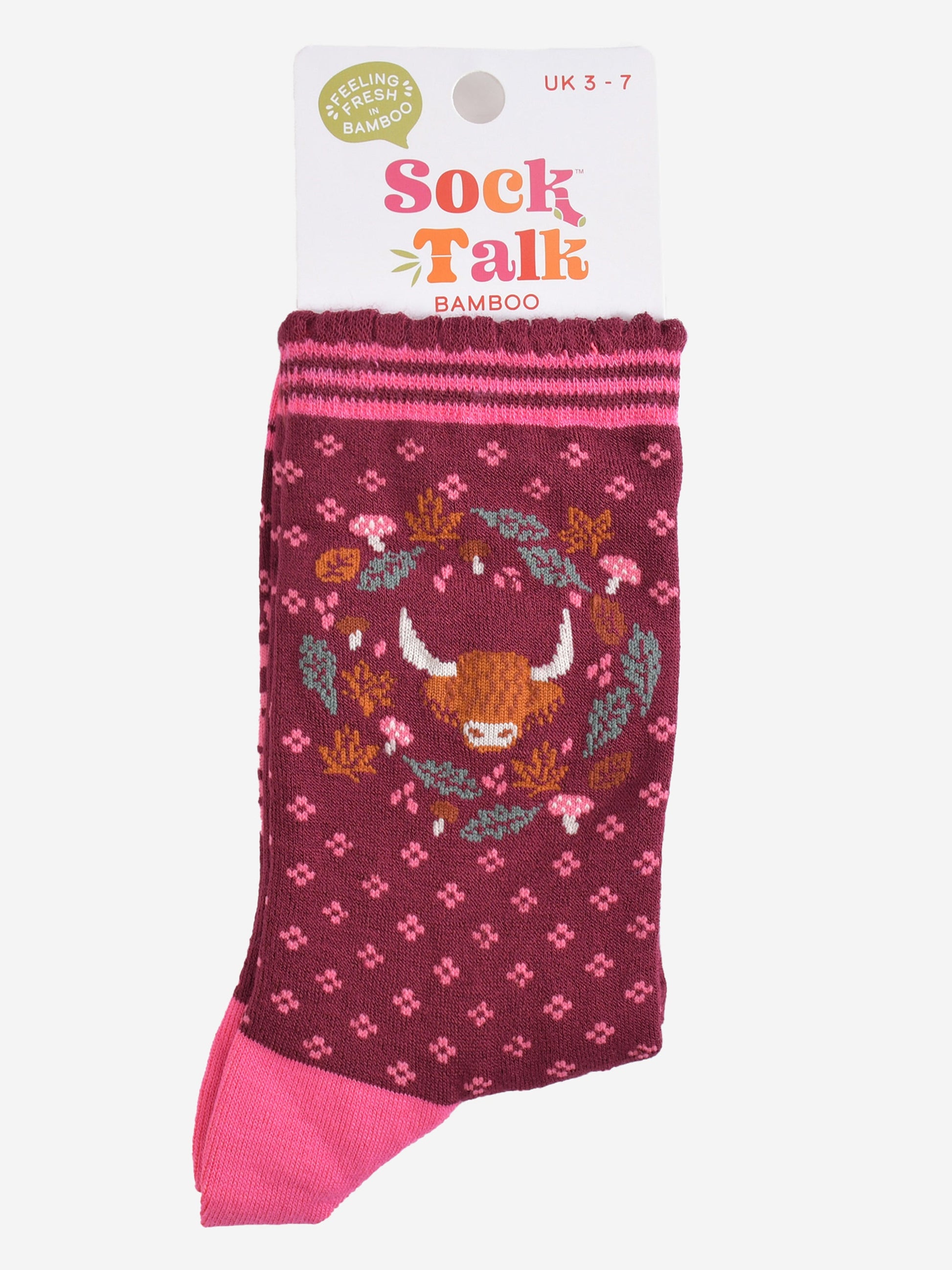 highland cow wreath bamboo socks in their sock talk packaging, these socks are a uk size 3-7