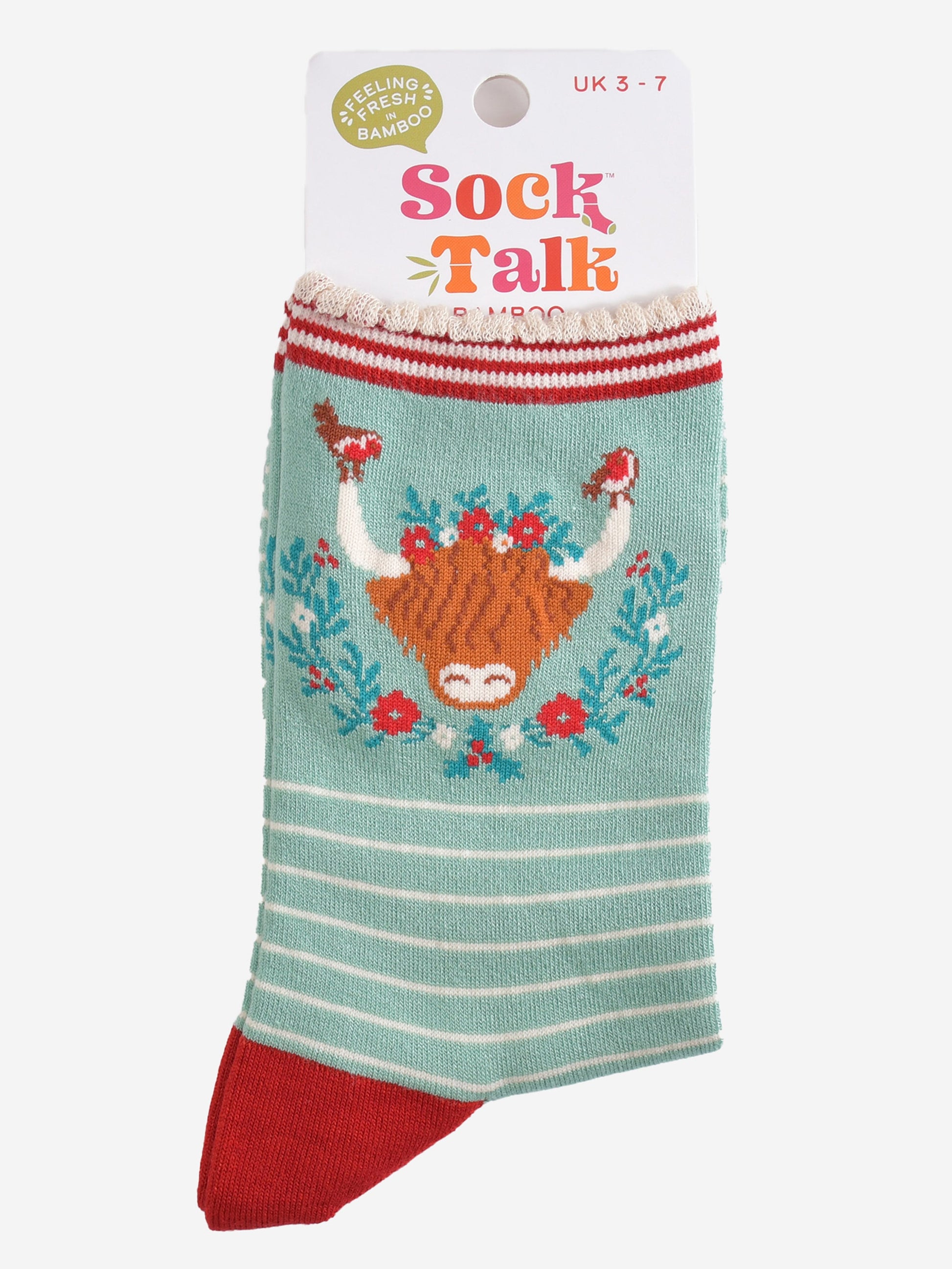 highland cow wreath bamboo socks in their sock talk packaging, these socks are a uk size 3-7