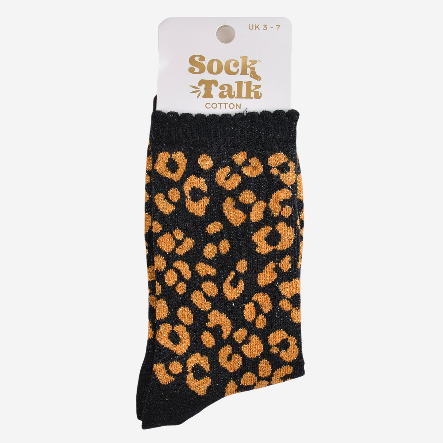 black and orange leopard print glitter socks in their sock talk packaging, these socks are a uk size 3-7