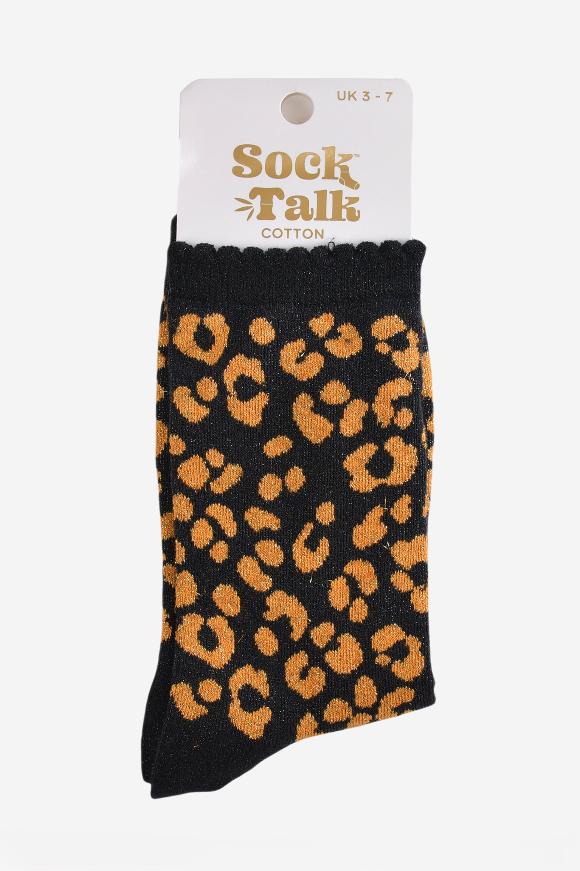 black and orange leopard print glitter socks in their sock talk packaging, these socks are a uk size 3-7