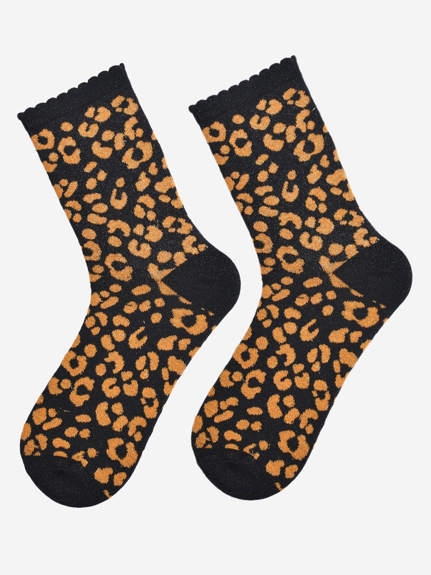 showing the orange and black leopard print ankle socks laying flat, the all over silver sparkle is visible