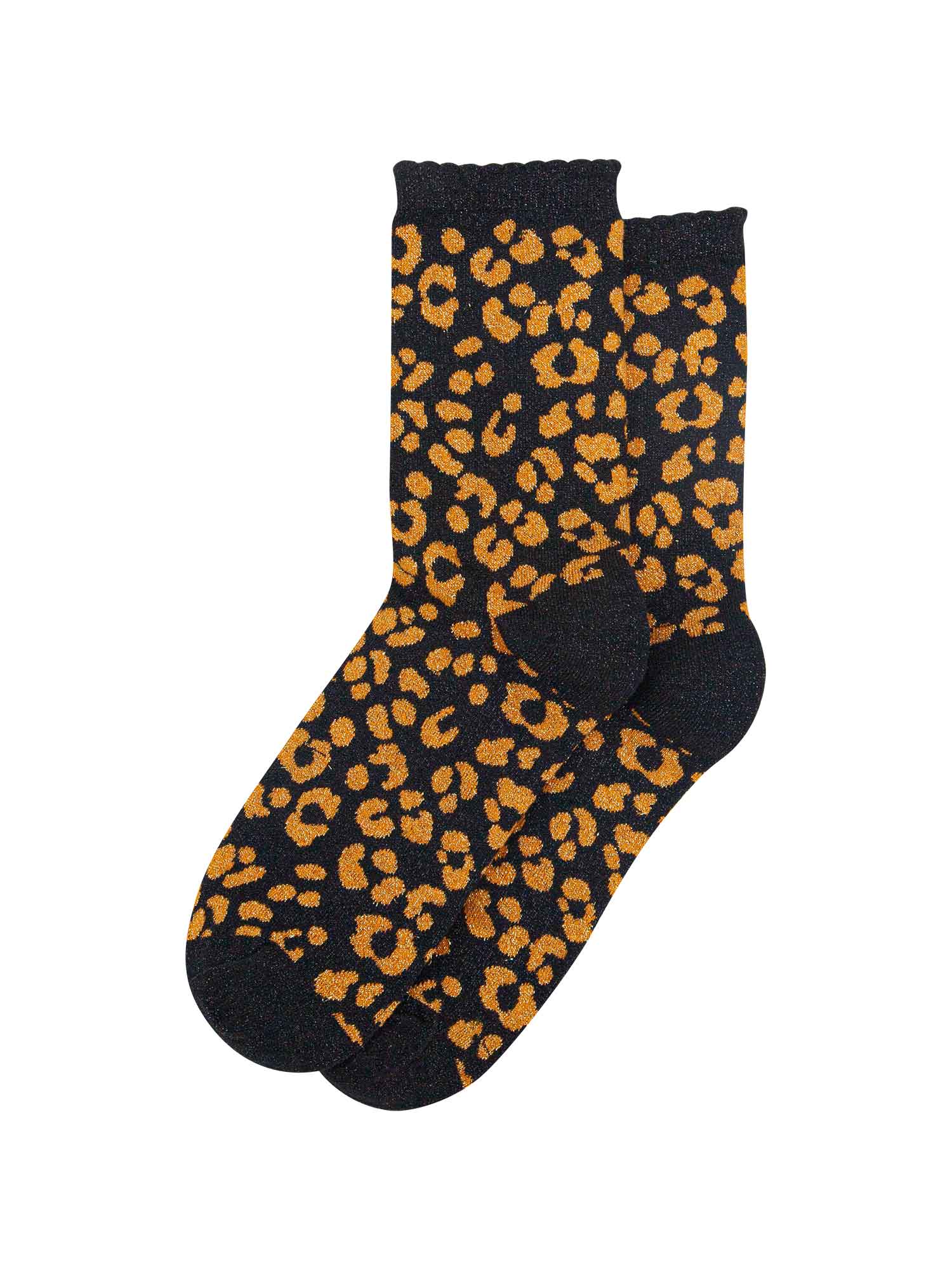 showing the orange and black leopard print ankle socks laying flat, the all over silver sparkle is visible