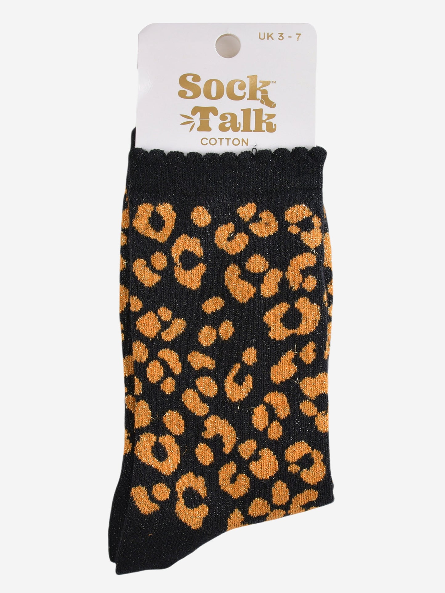 black and orange leopard print glitter socks in their sock talk packaging, these socks are a uk size 3-7