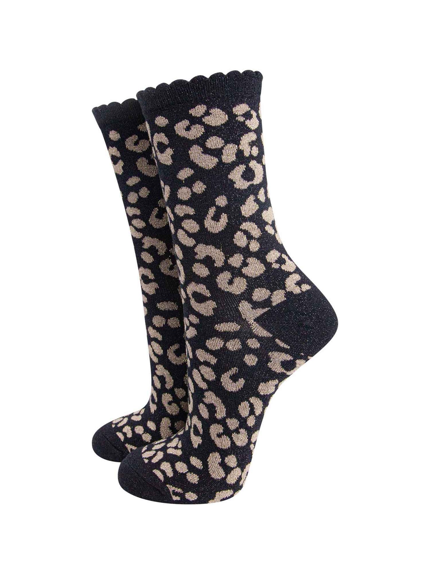 black ankle socks with a gold leopard print pattern, all over glitter sparkle and black scalloped cuff
