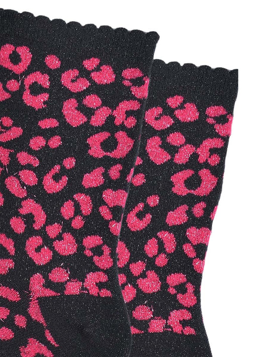pink ankle socks with a black leopard print pattern, all over glitter sparkle and black scalloped cuff