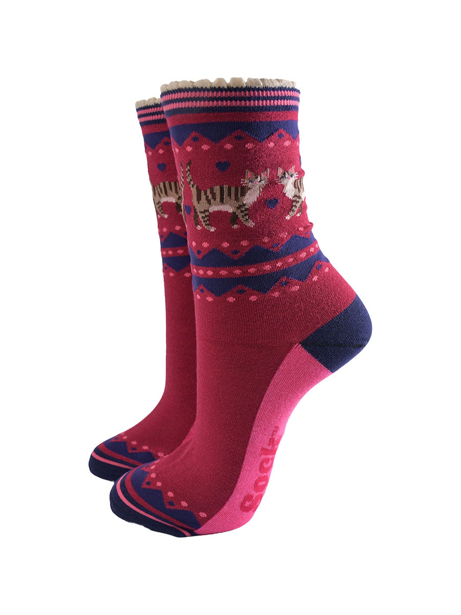 Cat Duo Bamboo Socks in Berry