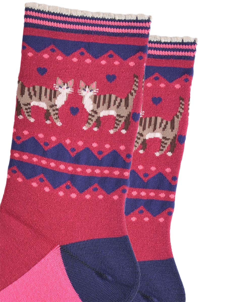 Cat Duo Bamboo Socks in Berry