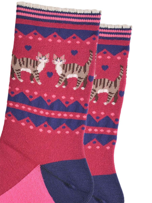 Cat Duo Bamboo Socks in Berry