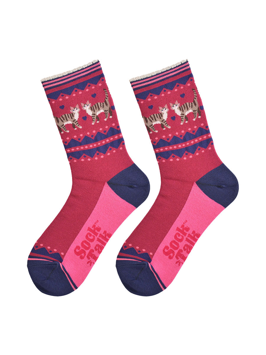 Cat Duo Bamboo Socks in Berry