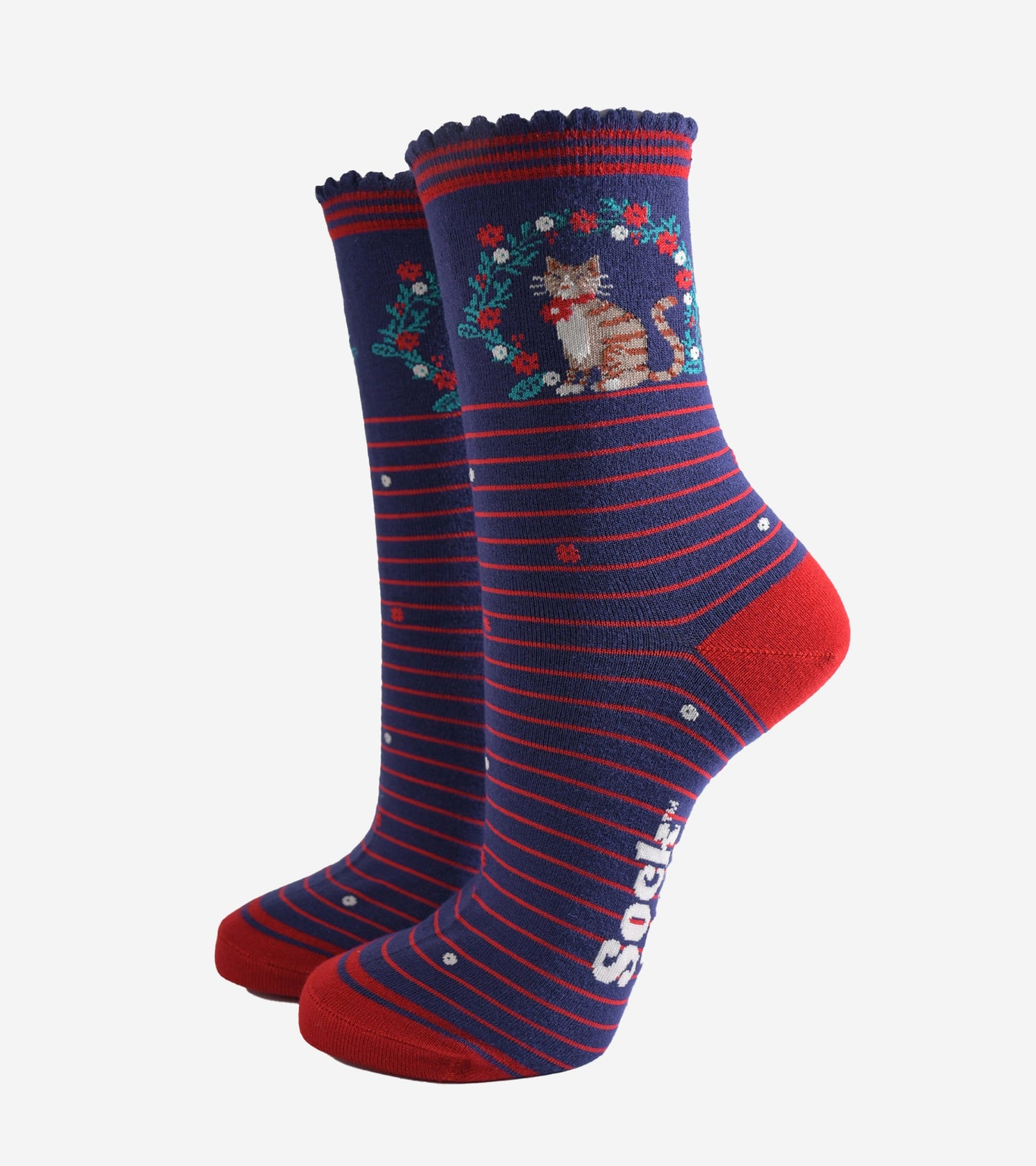 Women's Bamboo Socks - Navy Blue/Red, Cat Wreath