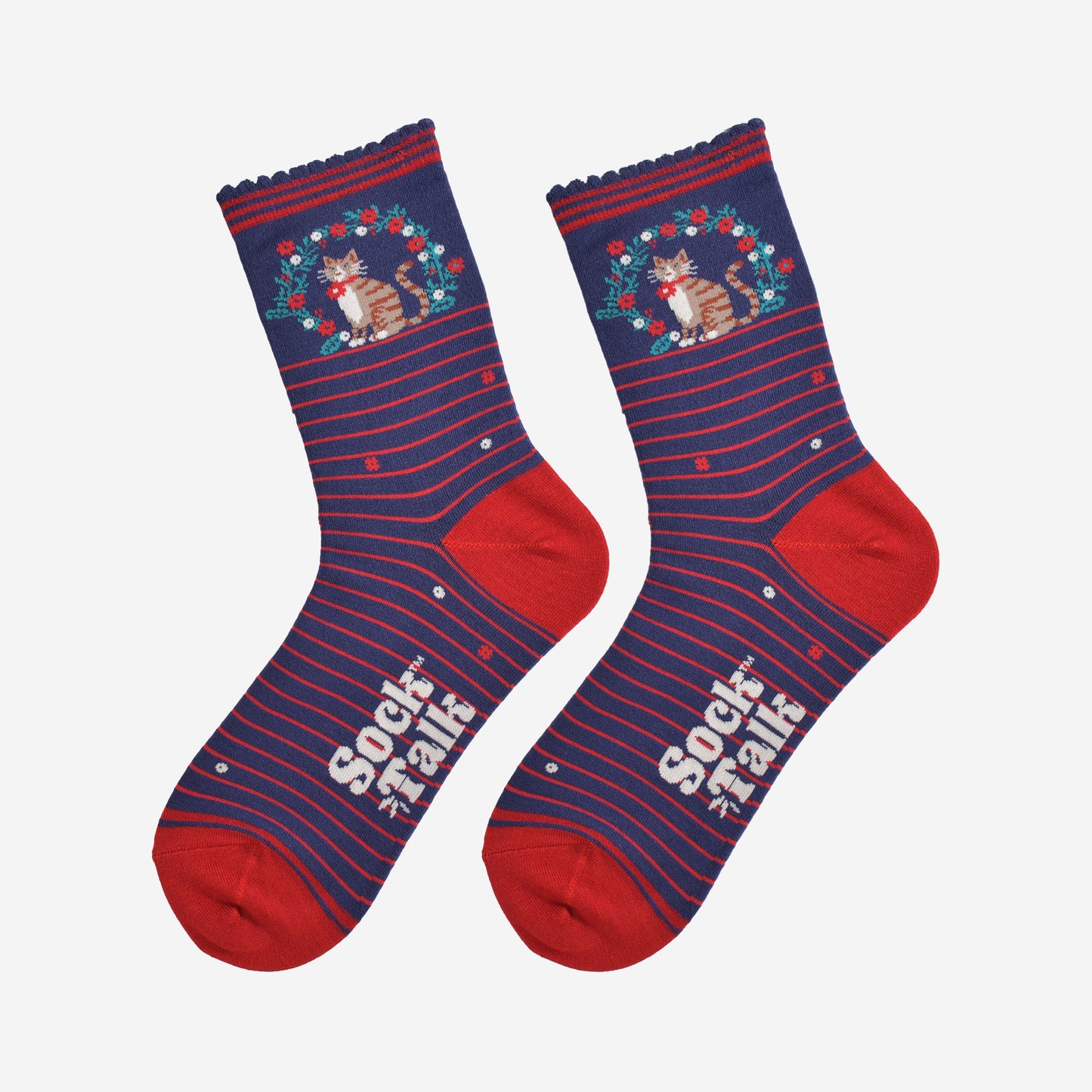 Women's Bamboo Socks - Navy Blue/Red, Cat Wreath