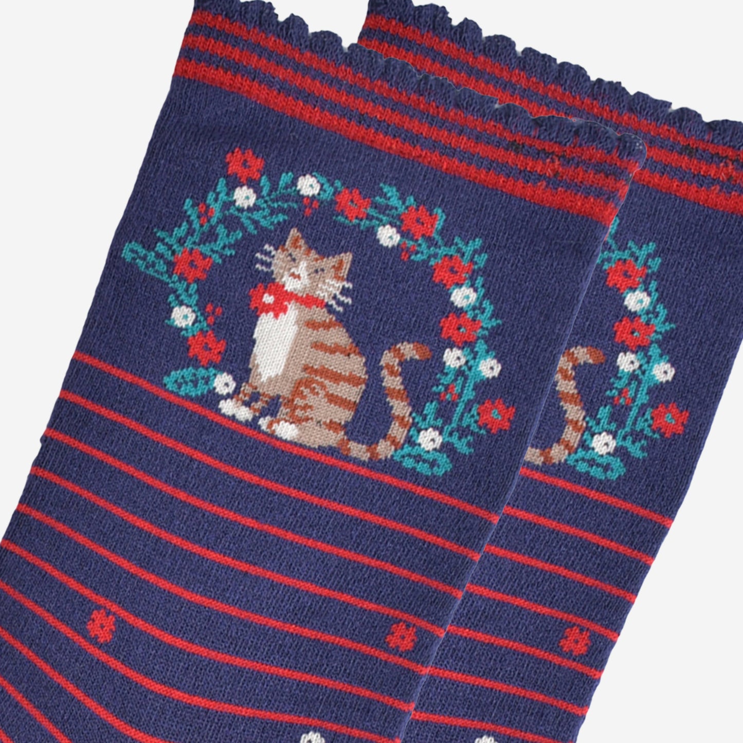 Women's Bamboo Socks - Navy Blue/Red, Cat Wreath