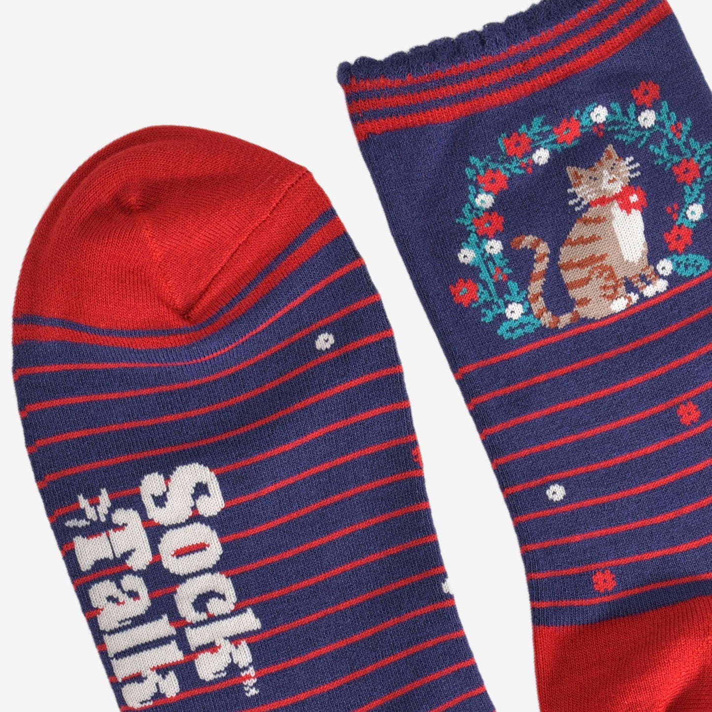 Women's Bamboo Socks - Navy Blue/Red, Cat Wreath