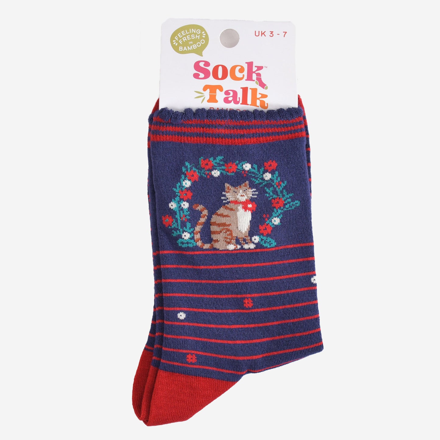 Women's Bamboo Socks - Navy Blue/Red, Cat Wreath