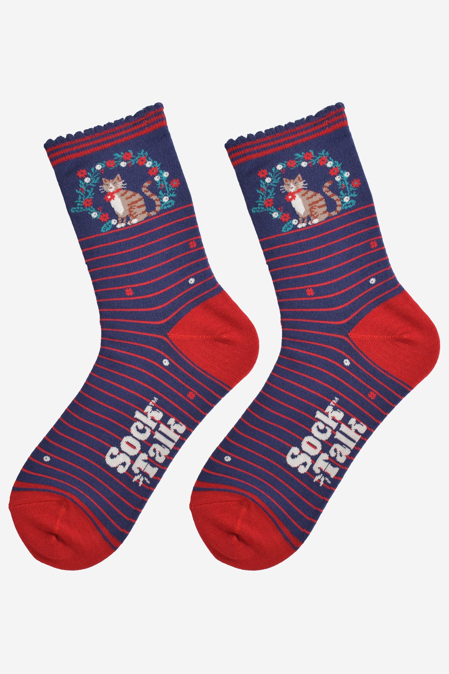 Women's Bamboo Socks - Navy Blue/Red, Cat Wreath