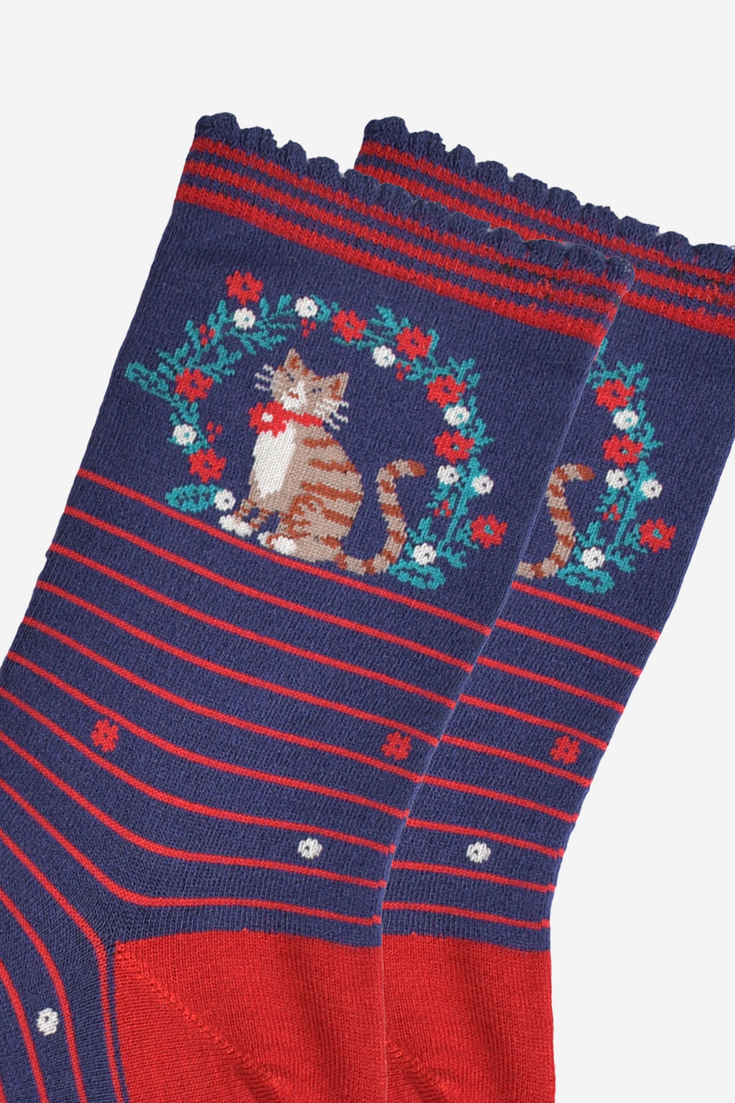 Women's Bamboo Socks - Navy Blue/Red, Cat Wreath