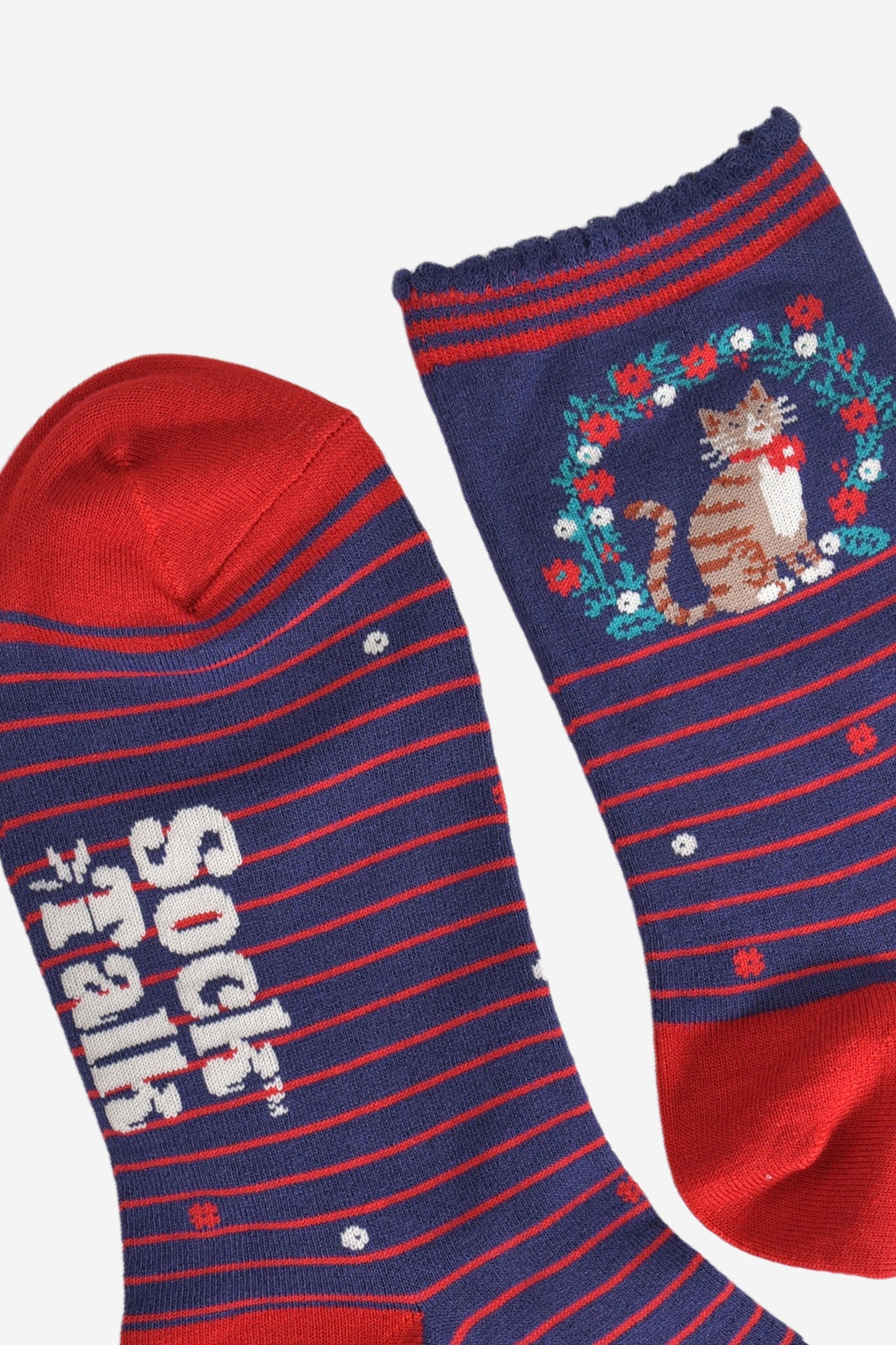 Women's Bamboo Socks - Navy Blue/Red, Cat Wreath