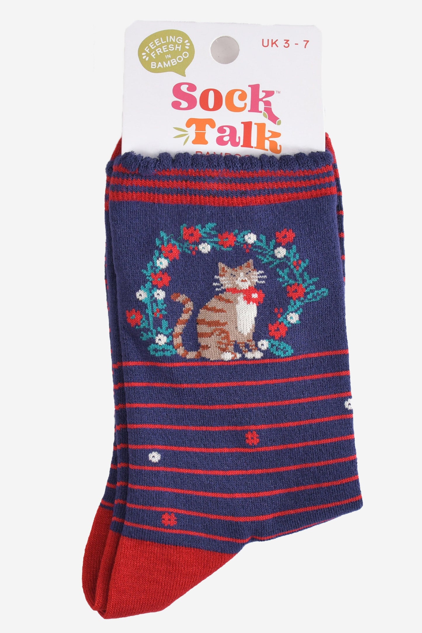 Women's Bamboo Socks - Navy Blue/Red, Cat Wreath