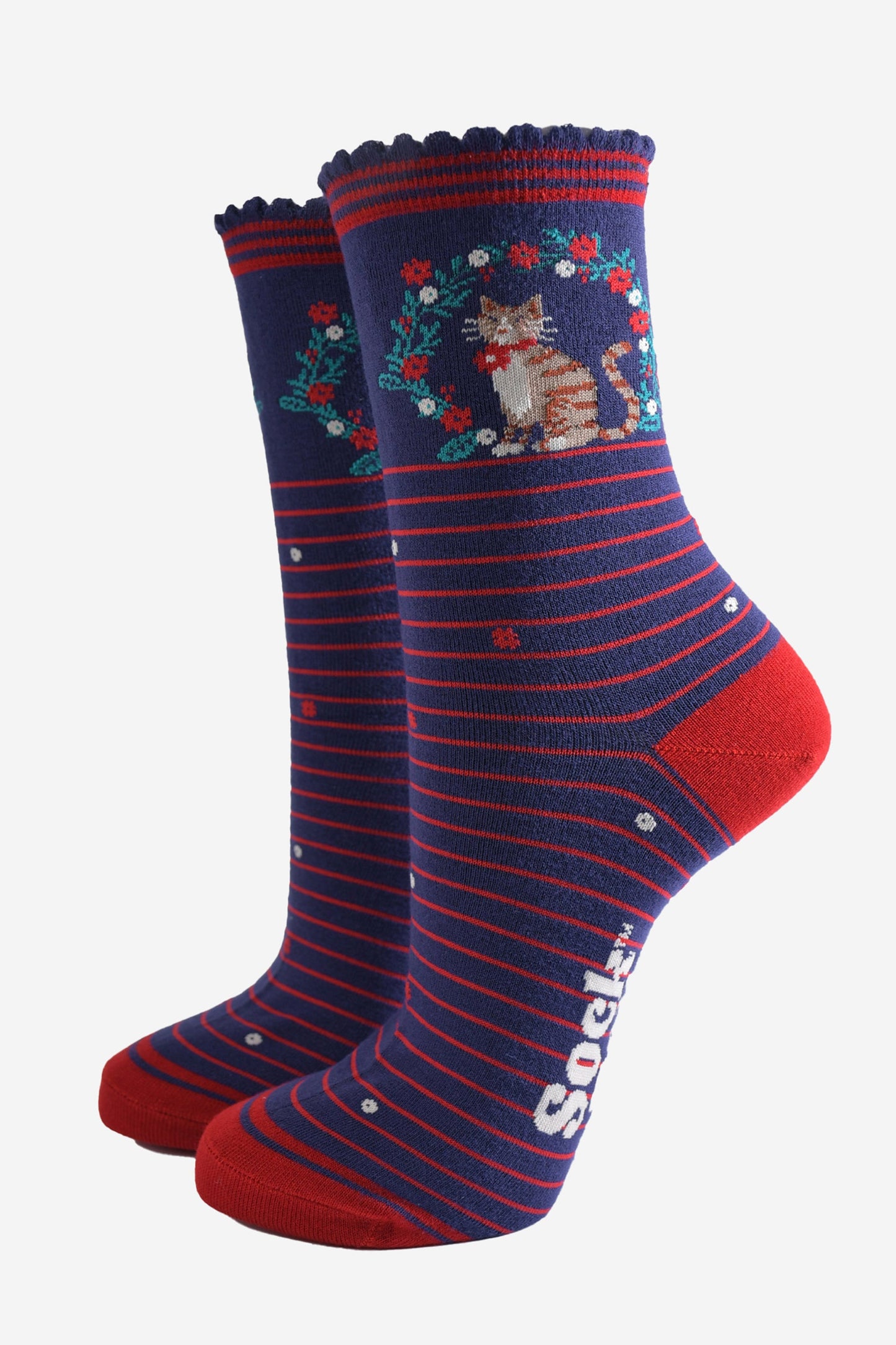 Women's Bamboo Socks - Navy Blue/Red, Cat Wreath