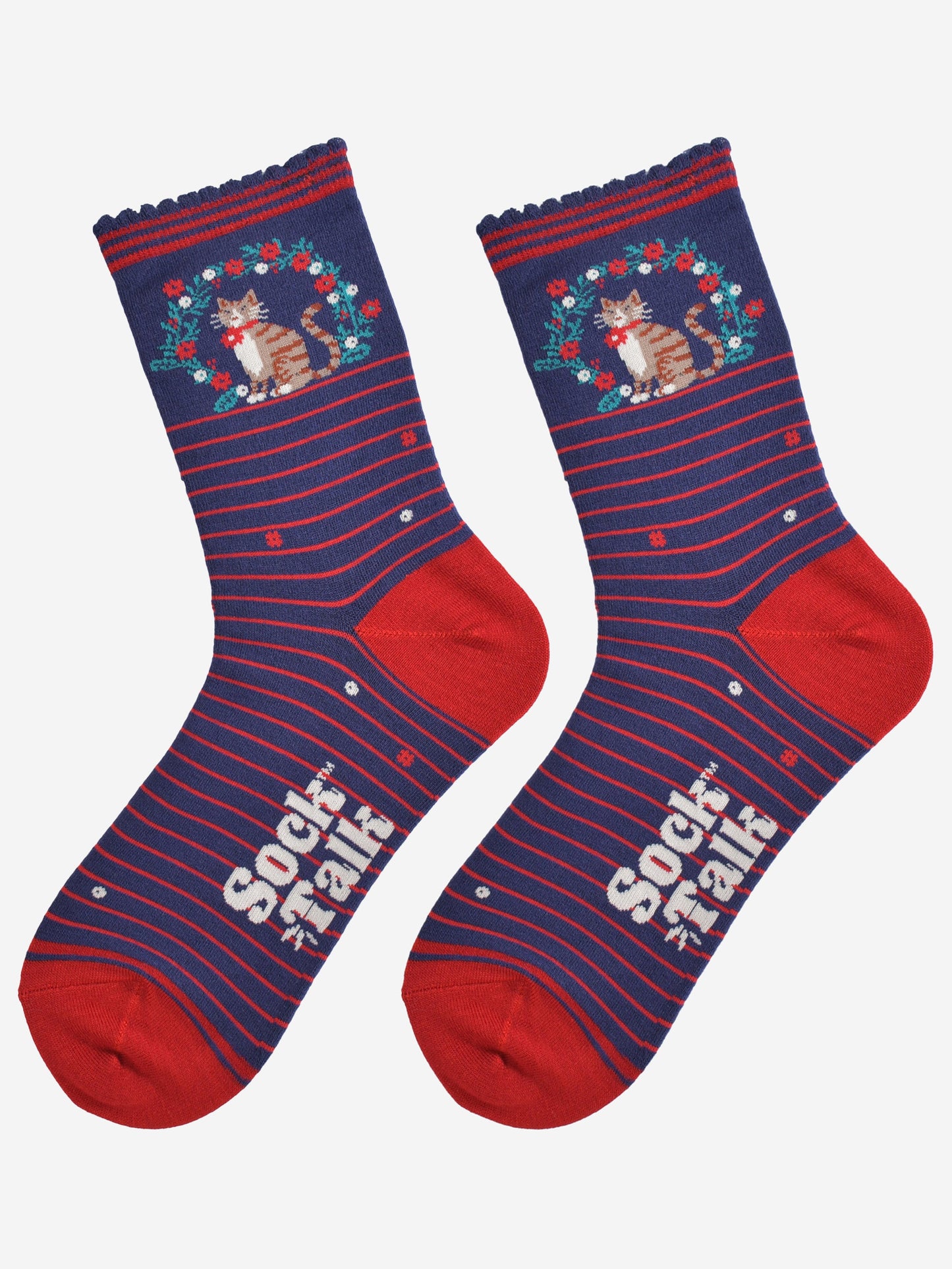 Women's Bamboo Socks - Navy Blue/Red, Cat Wreath