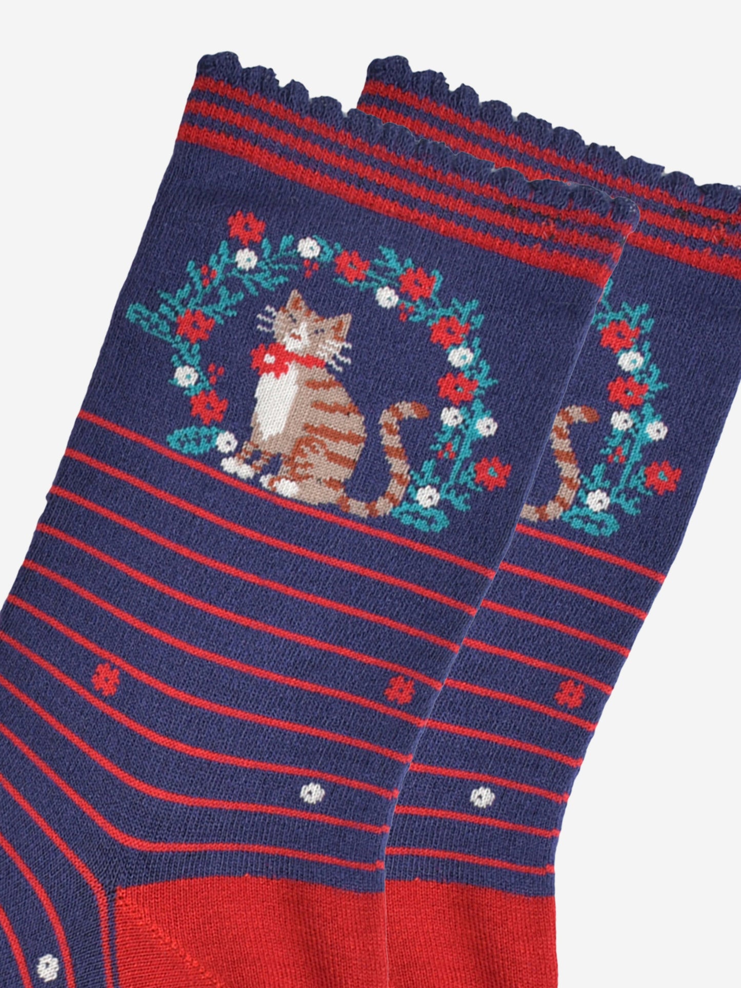 Women's Bamboo Socks - Navy Blue/Red, Cat Wreath