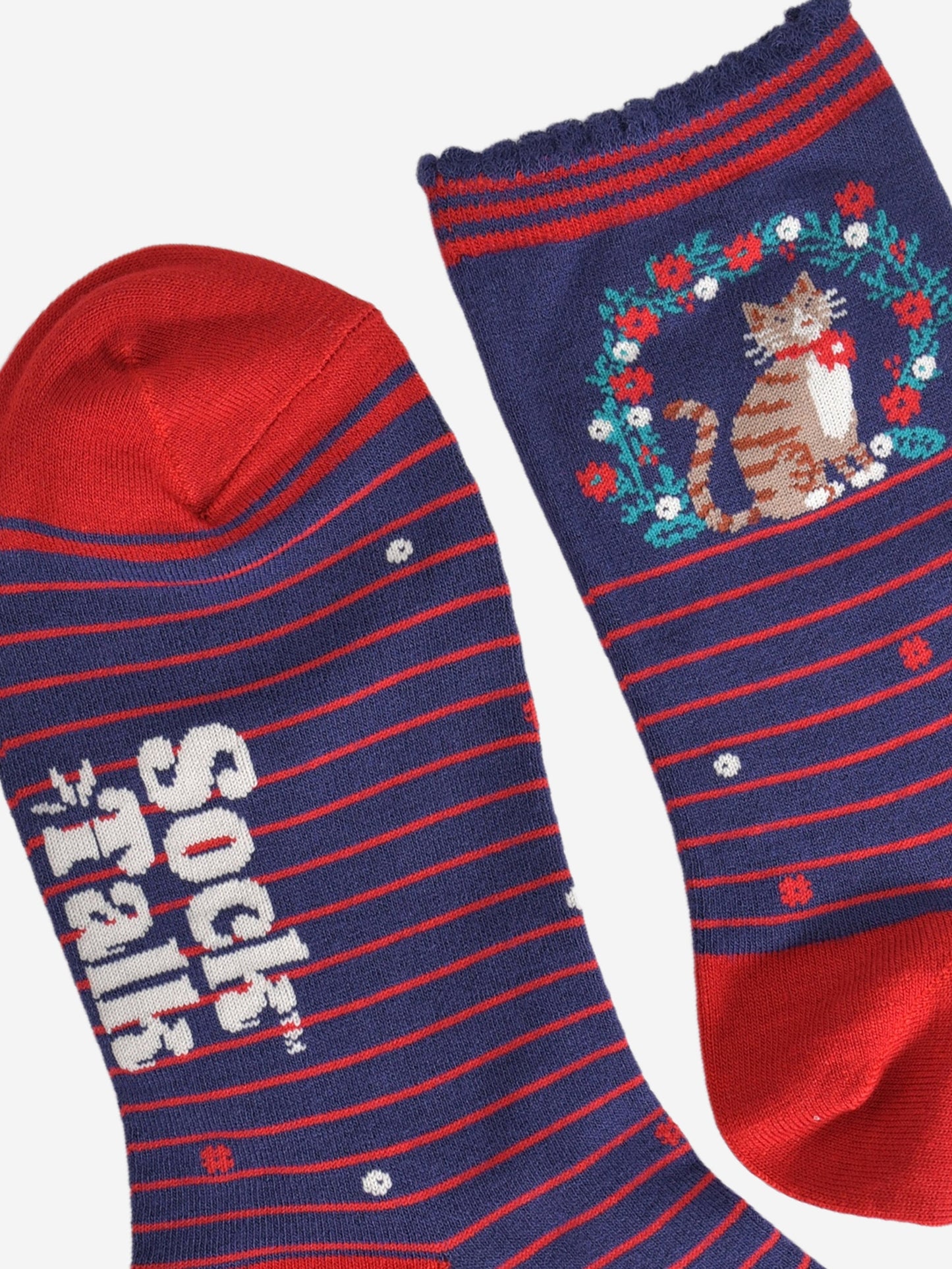 Women's Bamboo Socks - Navy Blue/Red, Cat Wreath