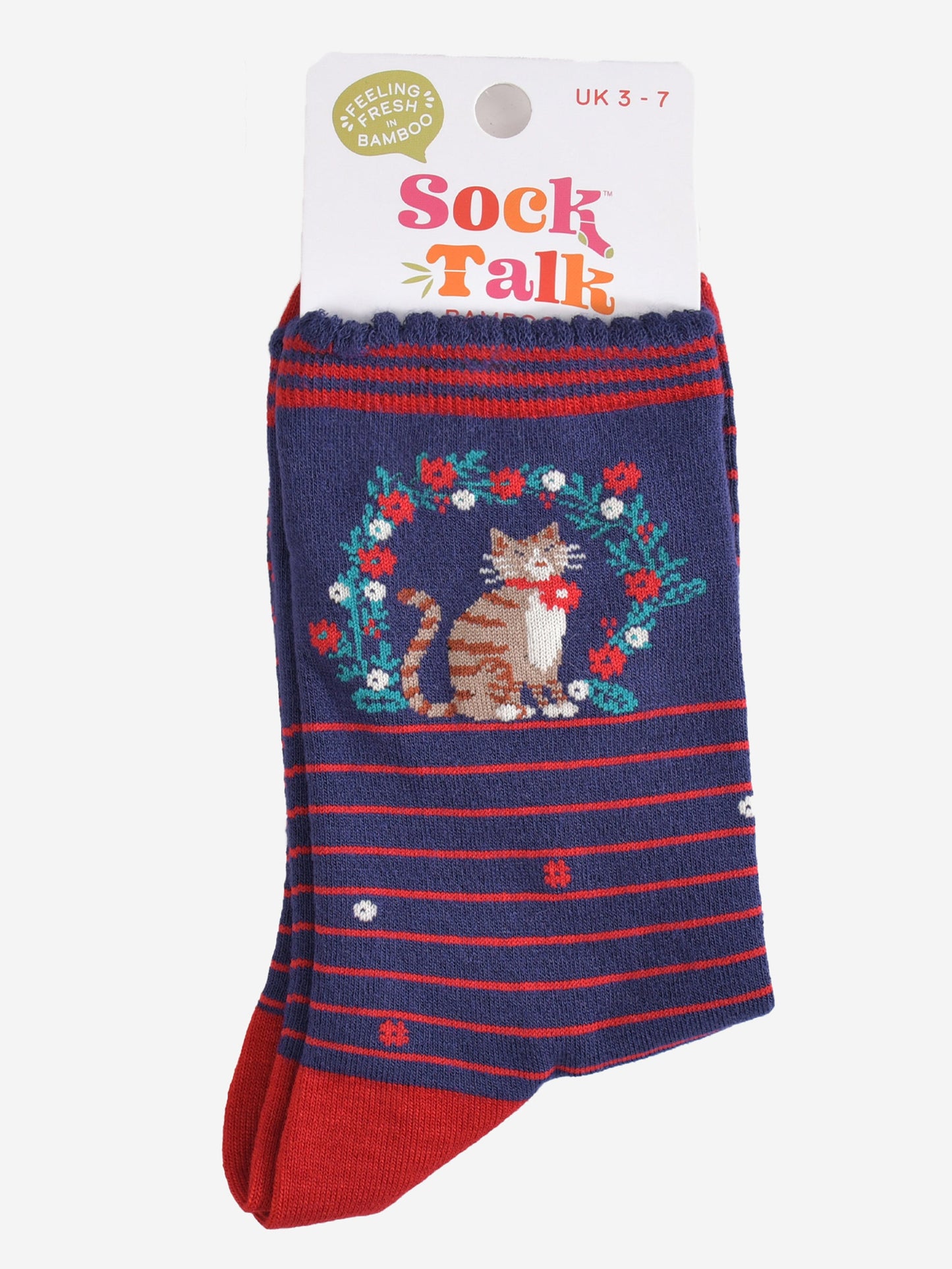 Women's Bamboo Socks - Navy Blue/Red, Cat Wreath