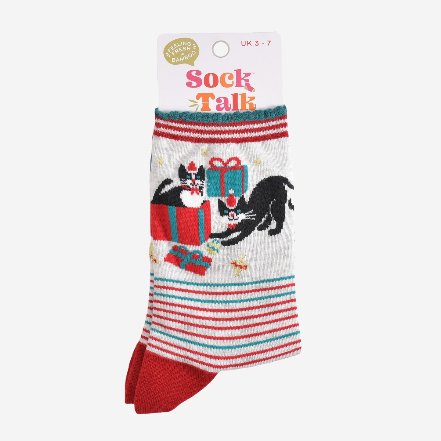 striped christmas cat bamboo socks in their sock talk packaging, these socks are a uk size 3-7