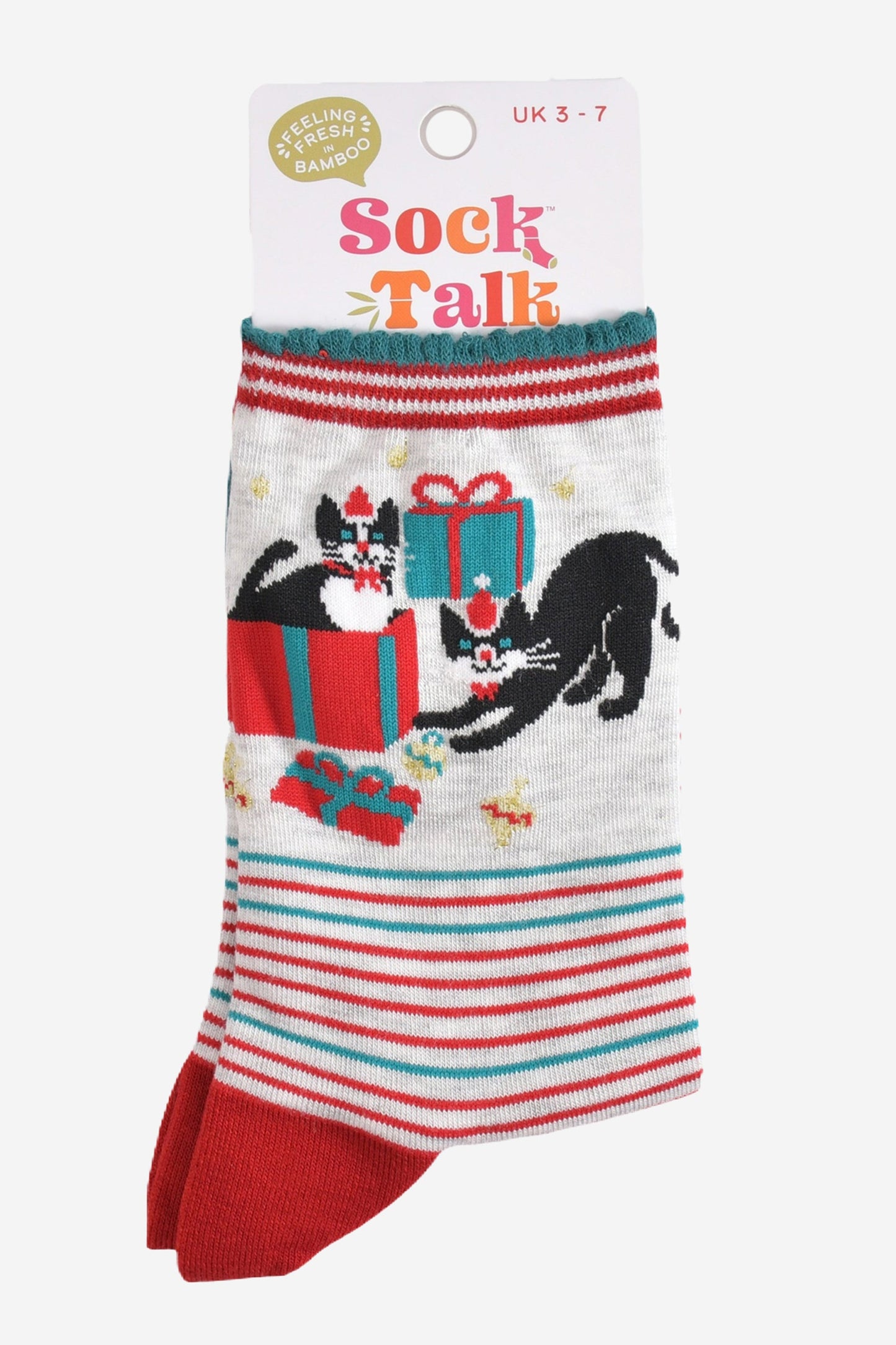 striped christmas cat bamboo socks in their sock talk packaging, these socks are a uk size 3-7