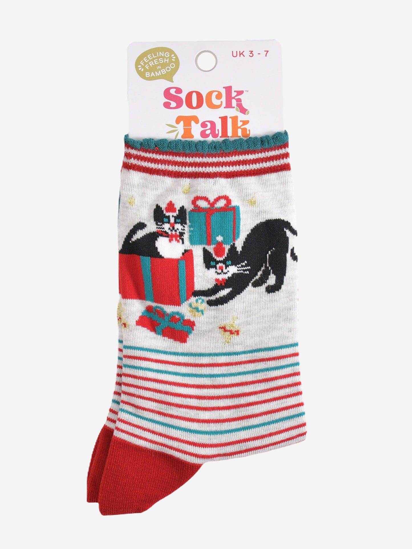 striped christmas cat bamboo socks in their sock talk packaging, these socks are a uk size 3-7