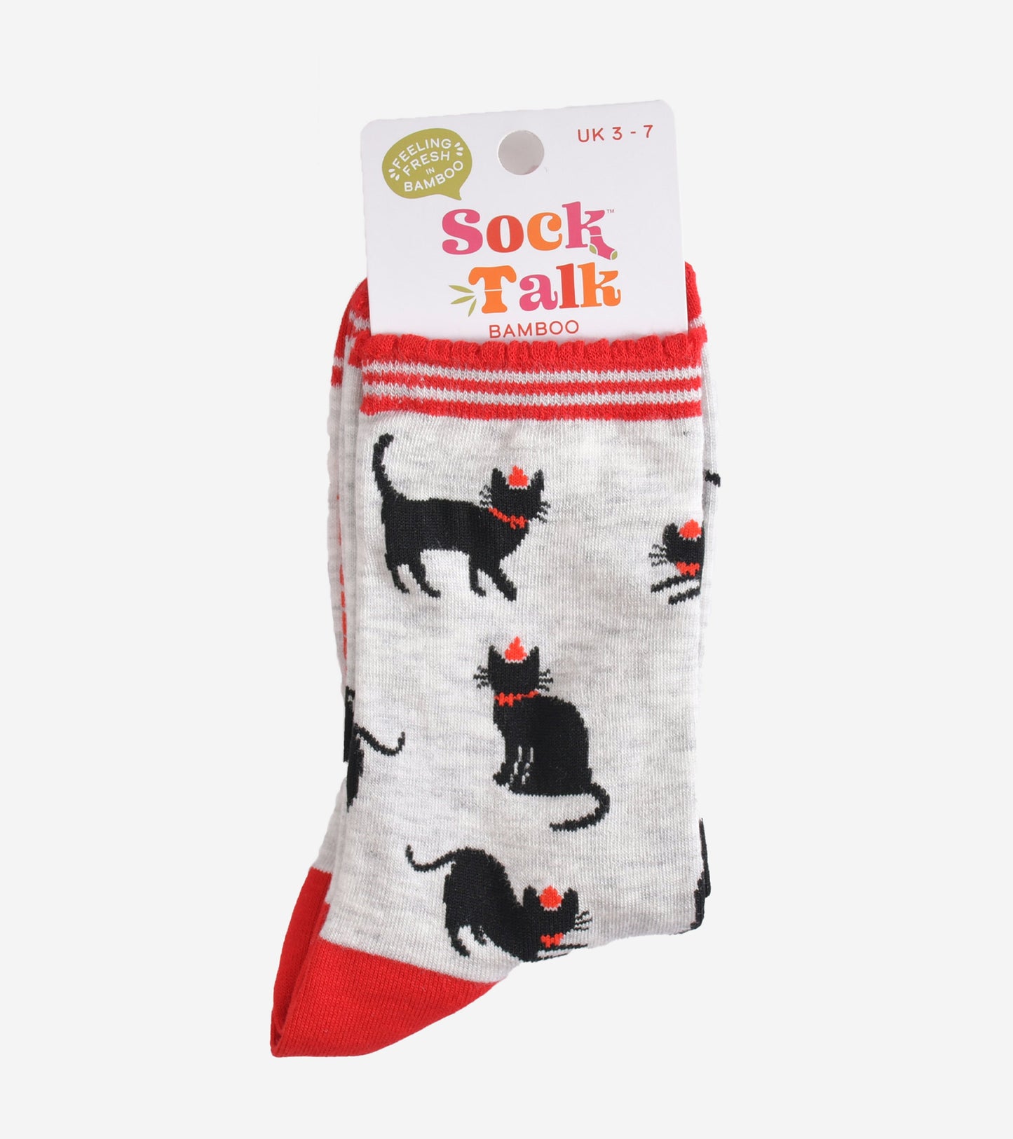 black party cat bamboo socks in their sock talk packaging, these socks are a uk size 3-7