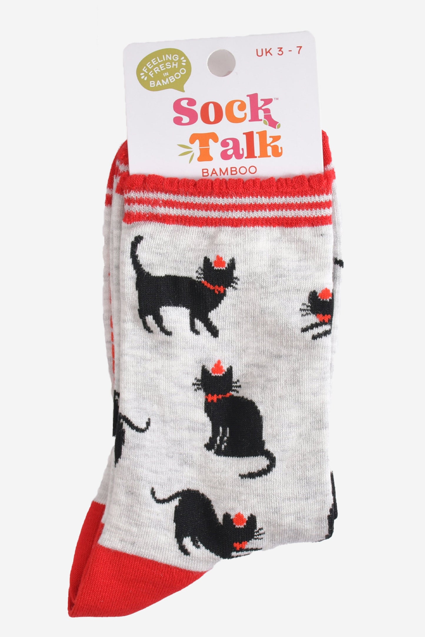 black party cat bamboo socks in their sock talk packaging, these socks are a uk size 3-7